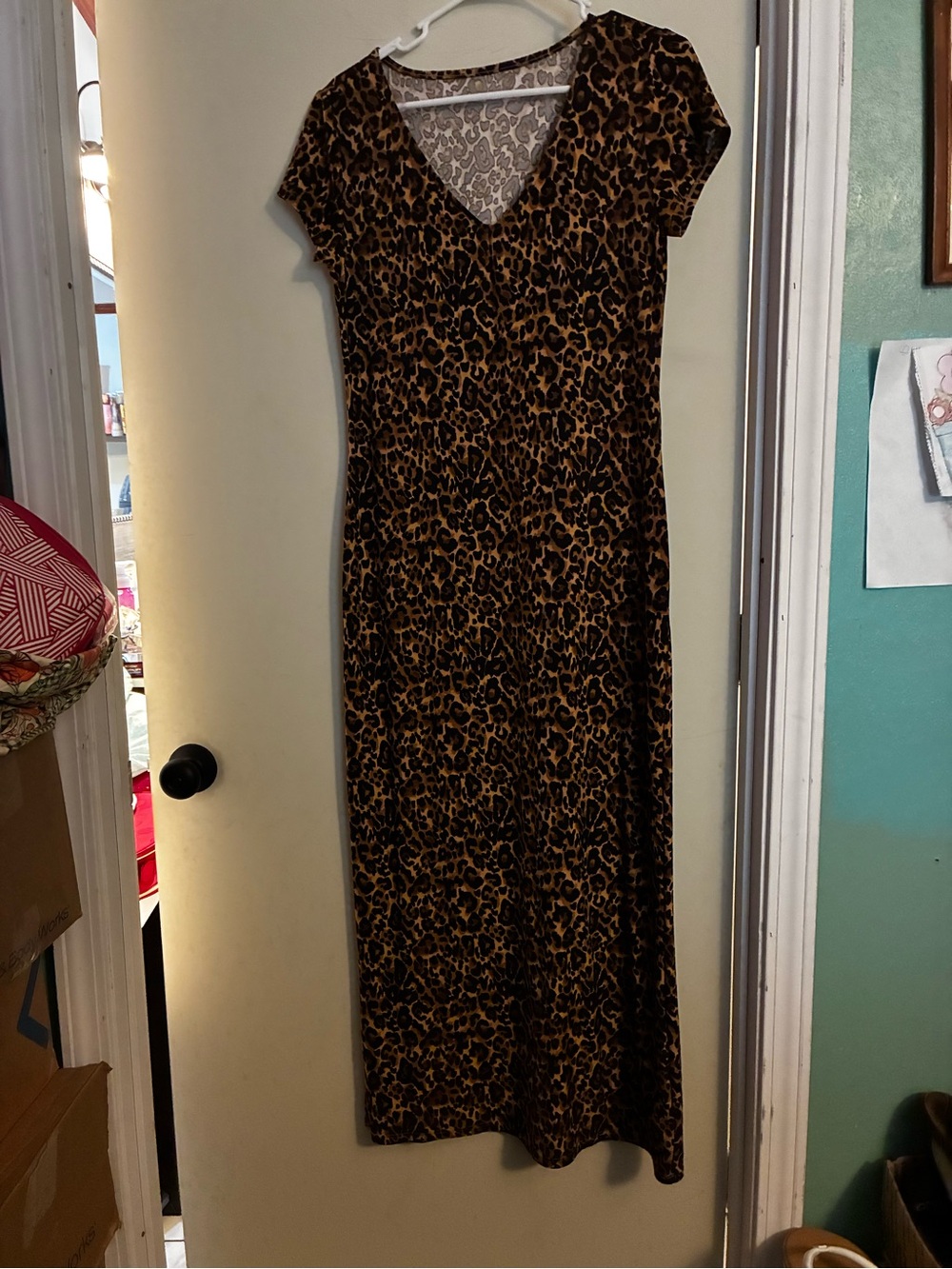 No Boundaries Ladies Leopard Print V-Neck Maxi Dress in Brown/Black